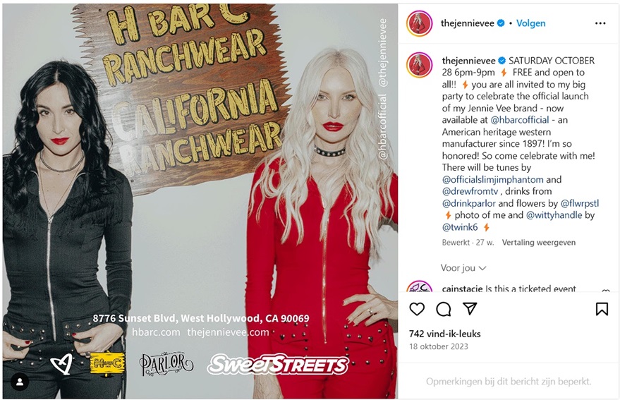 Jennie Vee's Instagram post